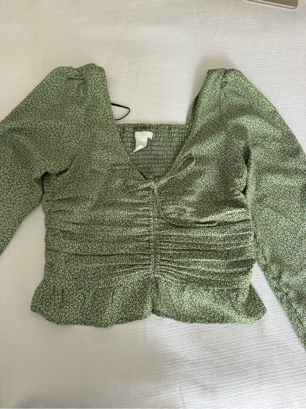 H&M Olive Green Ruched V-Neck Long Sleeve Blouse